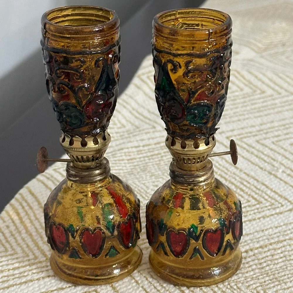 Vintage Amber Glass Enameled Miniature Oil Lamps Set of 2 Decorative Brass Wicks
